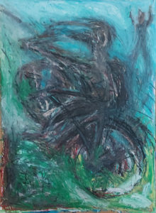 Fahradfahren/Schwimmen, Ölkreide/Kohle /Papier, 60x90cm, gegenständliche Malerei, dezember 2020, neuesete bilder