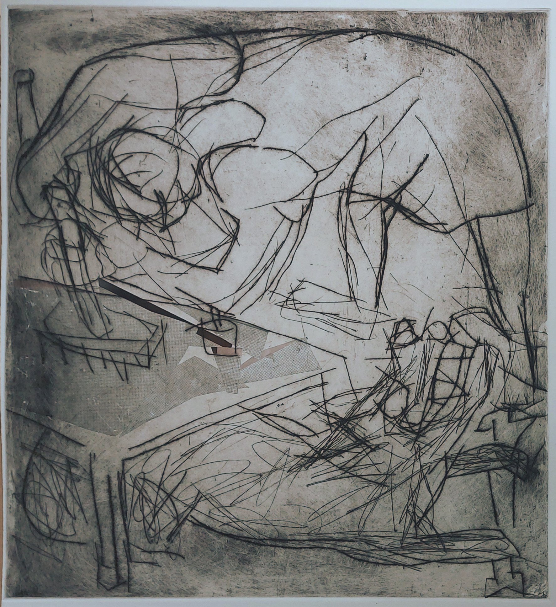 Putzfrau mit Hündchen unterm Tisch, Kaltnadel mit Chine Collé, 50x50 cm