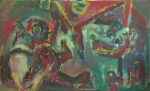 Putzfrau und Hündchen unterm Tisch, Eitempera auf Nessel, 85 x145 cm