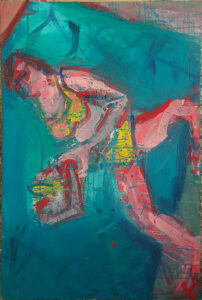 die Dame im gelben Bikini mit Pommes, 140x95 cm, Eitempera etc