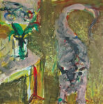 Interieur mit grauer Katze, Eitempera auf grundiertem Packpapier, 56x56 cm