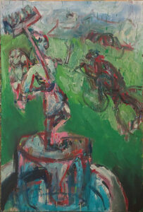 Putzfrauenengel-Brunnen im Schlosspark und Fahrradfahrer, 140x95 cm, Eitempera/Nessel