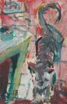 Rosa Interieur mit Katze, Eitempera auf grundiertem Packpapier, 84x55 cm