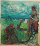 Fahrradfahren- an der Gedächtniskirche vorbei zu Meer, 2024, Eitempera auf gundiertem Packpapier, aufgezogen auf Keilrahmen/Nessel