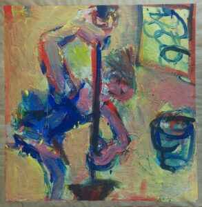 Schlecht gelaunte Putzfrau, 71x69 cm, auf grundiertem Packpapier