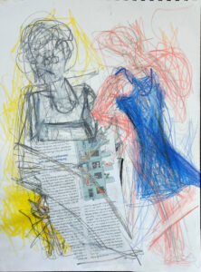 das-extrem-praktische-putzfrauenkleid, zeichnung und collage