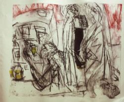 einkaufen bei sherwin's, kaltnadelradierung/chine collé Einkaufen bei Sherwin's, kaltnadelradierung/chine collé