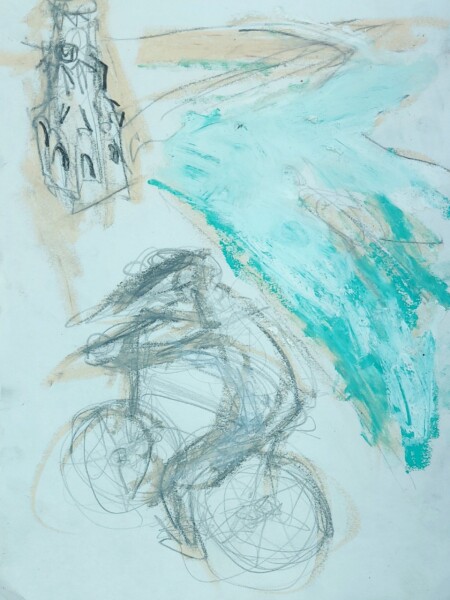 An der Gedächtniskirche vorbei zum Meer, Mischtechnik An der Gedächtniskirche vorbei zum Meer, Grafit, Schokolade