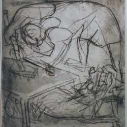 Putzfrau mit Hündchen unterm Tisch, Kaltnadel mit Chine Collé, 50x50 cm Putzfrau mit Hündchen unterm Tisch, Kaltnadelradierungen von 2022, mit Chine Collé, 50x50 cm