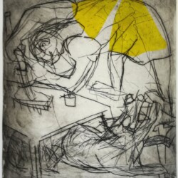 Putzfrau mit Hündchen unterm Tisch, Kaltnadel mit Chine Collé, 50x50 cm Putzfrau mit Hündchen unterm Tisch, Kaltnadelradierungen von 2022, mit Chine Collé, 50x50 cm