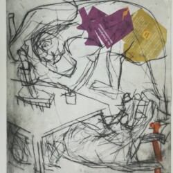 Putzfrau mit Hündchen unterm Tisch Putzfrau mit Hündchen unterm Tisch, Kaltnadelradierungen von 2022,  mit Chine Collé, 50x50 cm