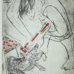 Putzfrau mit Hündchen Putzfrau mit Hündchen, Kaltnadelradierungen von 2022, 2 Platten ein Druck, ca 60x40 cm