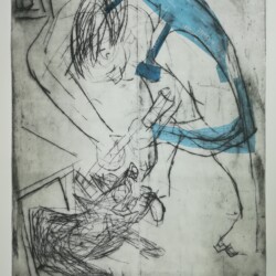 Putzfrau mit Hündchen Putzfrau mit Hündchen, Kaltnadelradierungen von 2022, 2 Platten ein Druck, ca 60x40 cm