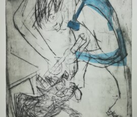 Putzfrau mit Hündchen Putzfrau mit Hündchen, Kaltnadelradierungen von 2022, 2 Platten ein Druck, ca 60x40 cm