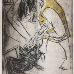 Putzfrau mit hündchen unterm Tisch, 2 Platten ein Druck Putzfrau mit Hündchen, Kaltnadelradierungen von 2022, 2 Platten ein Druck, ca 60x40 cm