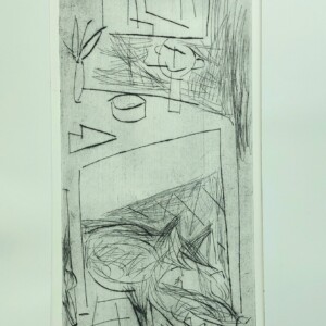 Stilleben mit Hündchen unterm Tisch Stilleben mit Hündchen unterm Tisch, Kaltnadelradierung