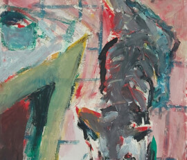 Rosa Interieur mit Katze, Eitempera auf grundiertem Packpapier, 84x55 cm Rosa Interieur mit Katze, Eitempera auf grundiertem Packpapier, 84x55 cm